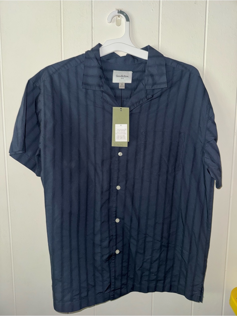Goodfellow & Co Navy Short-Sleeve Button-Down Shirt with Subtle Stripes